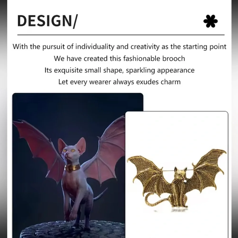 Egyptian Bat Cat Brass Brooch - Picture 4 of 13